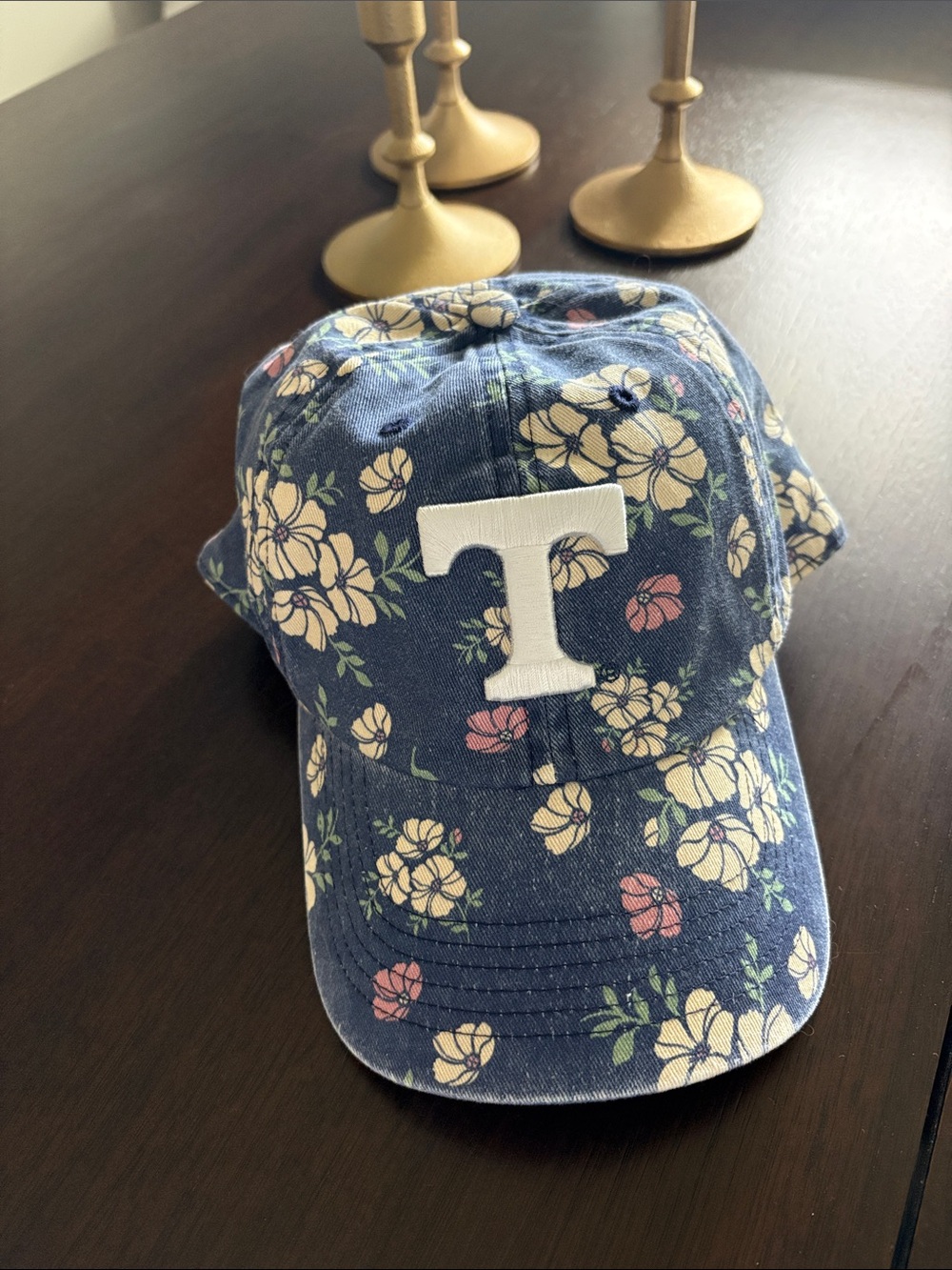 Blue Floral Baseball Cap with White 'T' Patch